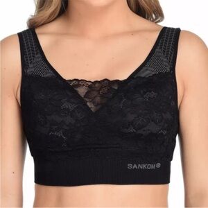 SANKOM Ladies Patent Bra Classic Black With Lace Overlay Support & Posture M-L